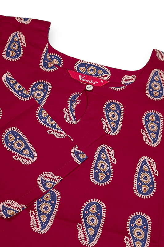 Women Maroon Cotton Kurti with Blue Paisley Print ATL101