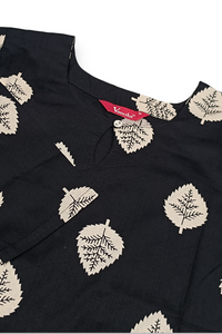 Women Black Cotton Kurti with Leaf Print | 3/4 Sleeve ATL101