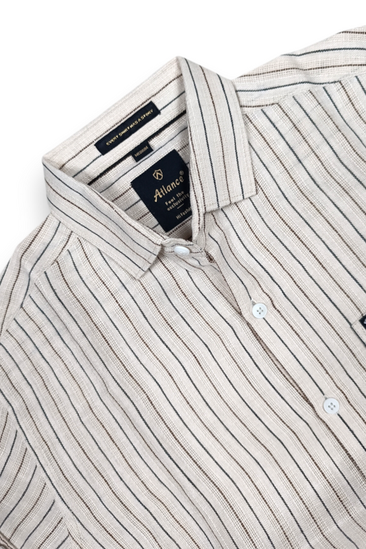 Men Cream & Black Striped Shirt - Full Sleeve SUGA-525