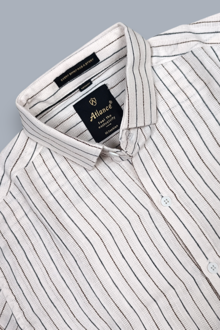Men Off White & Black Striped Shirt - Full Sleeve SUGA-525