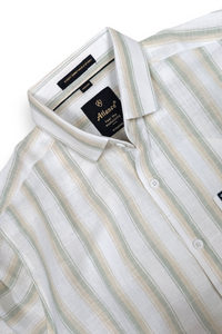 Men Beige & Pista White Bold Striped Linen Cotton Shirt Long Sleeve Office & Casual Wear SUGA-525