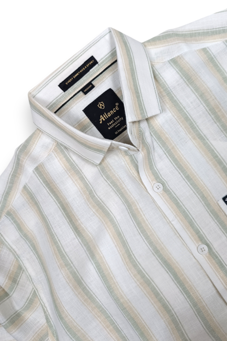 Men Beige & Pista White Bold Striped Linen Cotton Shirt Long Sleeve Office & Casual Wear SUGA-525
