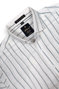 Men White & Grey Vertical Striped Linen Shirt - Half Sleeve SUGA-525