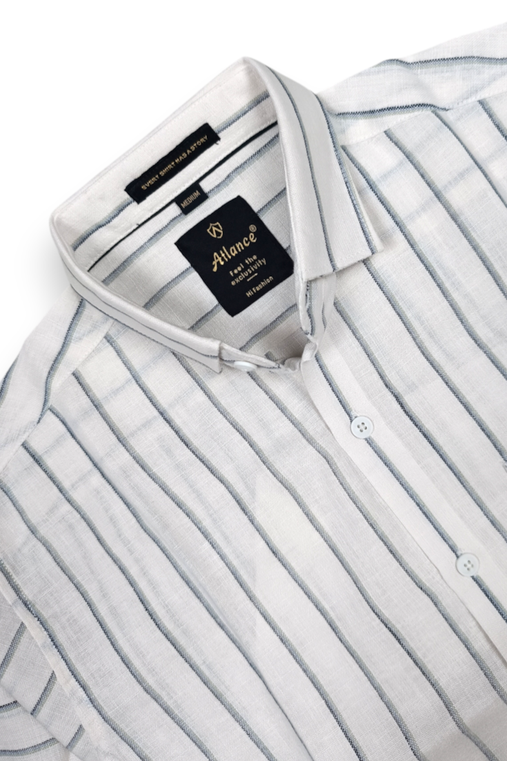 Men White & Grey Vertical Striped Linen Shirt - Half Sleeve SUGA-525