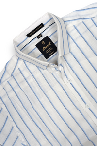 Men White & Blue Vertical Striped Linen Cotton Shirt - Full Sleeve SUGA-525