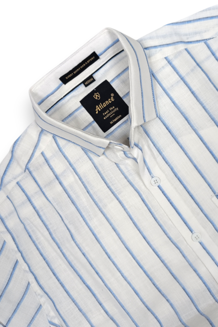 Men White & Blue Vertical Striped Linen Cotton Shirt - Full Sleeve SUGA-525
