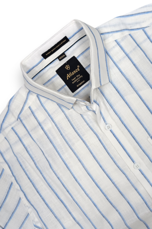 Men White & Blue Vertical Striped Linen Cotton Shirt - Full Sleeve SUGA-525