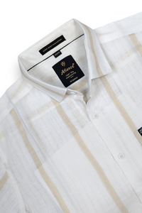 Men White & Fawn Bold Vertical Striped Linen Shirt - Full Sleeve SUGA-525