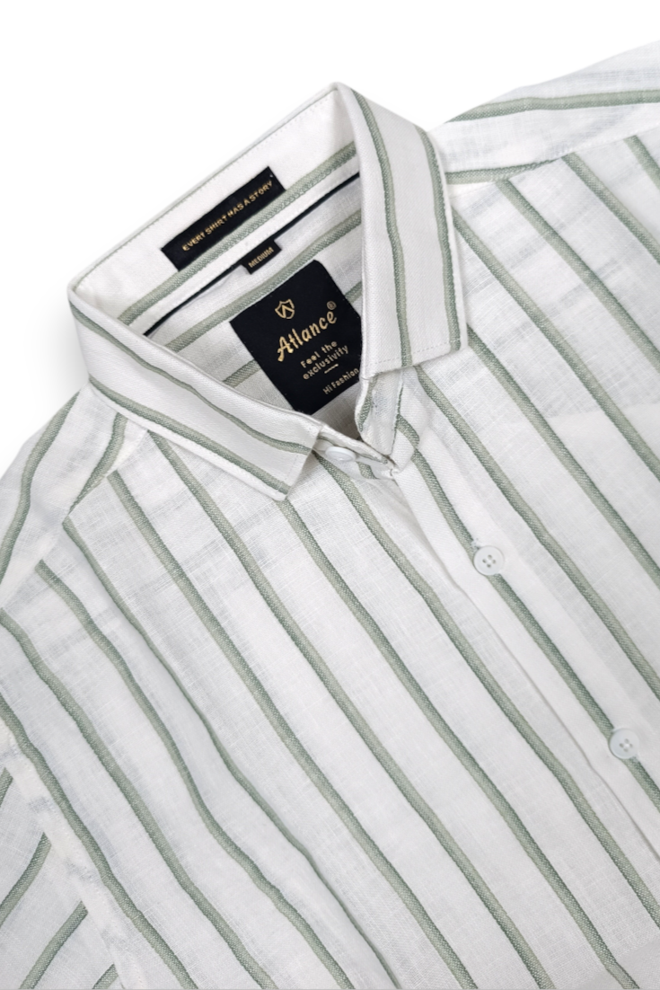  Men White & Olive Green Vertical Striped Linen Cotton Shirt - Full Sleeve SUGA-525