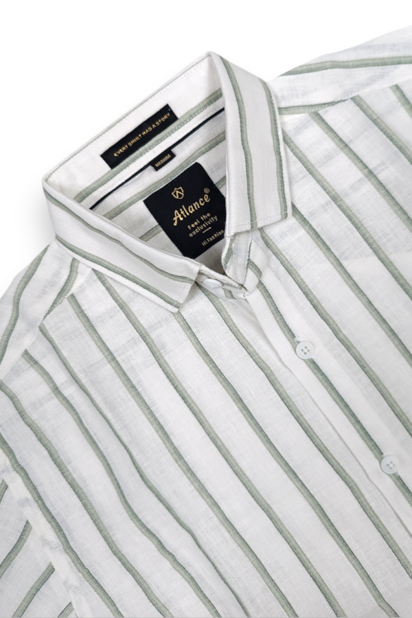  Men White & Olive Green Vertical Striped Linen Cotton Shirt - Full Sleeve SUGA-525