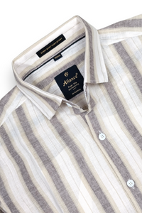 Men Beige & Coffee White Bold Striped Linen Cotton Shirt Long Sleeve Office & Casual Wear SUGA-525