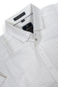 Men White & Fawn Checks Linen Cotton Shirt- Long Sleeve Office & Casual Wear SUGA-525