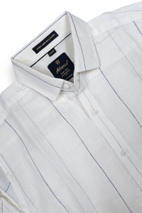 Men White & Blue Stripe Linen Cotton Shirt - Long Sleeves SUGA-525