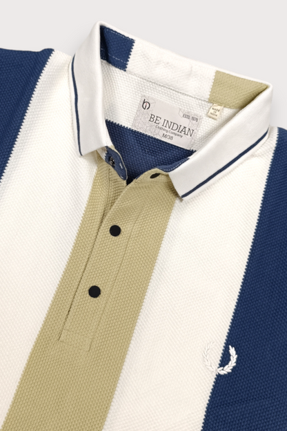 Men Blue, White & Pista Striped Snap Button Polo T-Shirt ATL9235
