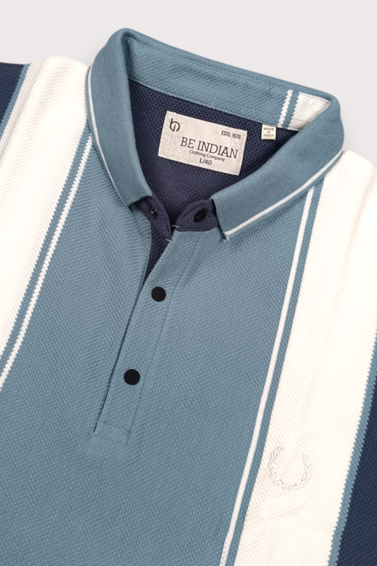 Men Blue & White Striped Polo T-Shirt with Snap Buttons ATL9239