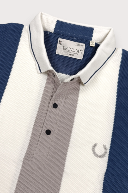 Men Blue, White & Grey Striped Snap Button Polo T-Shirt ATL9235