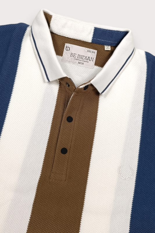 Men Blue, White & Coffee Striped Snap Button Polo T-Shirt ATL9235