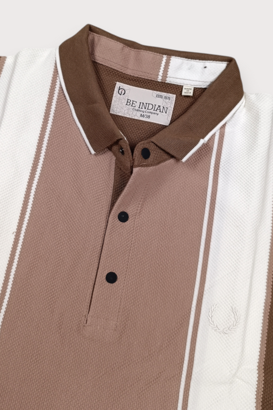 Men Brown & White Striped Polo T-Shirt with Snap Buttons ATL9239