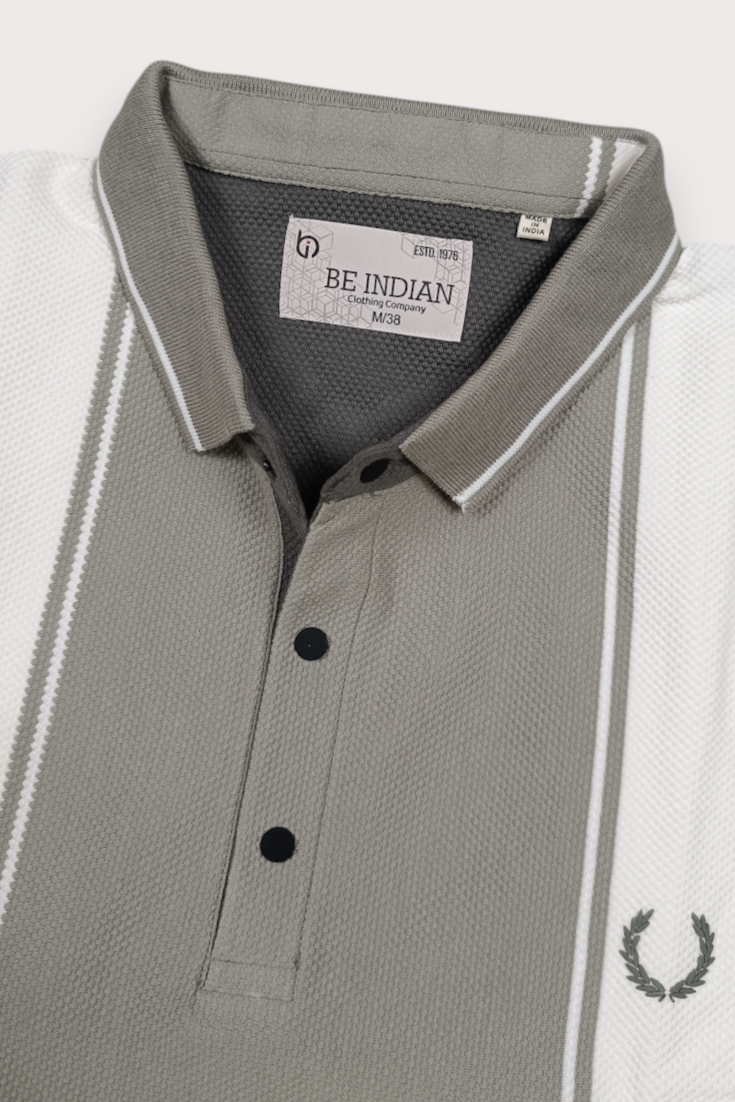 Men Pista & White Striped Polo T-Shirt with Snap Buttons ATL9239
