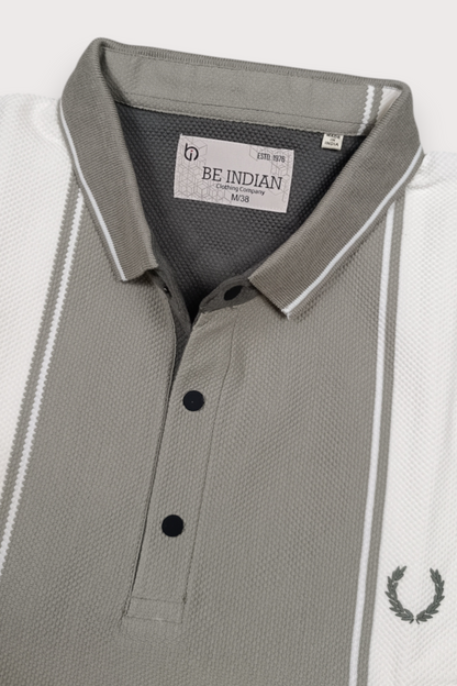 Men Pista & White Striped Polo T-Shirt with Snap Buttons ATL9239