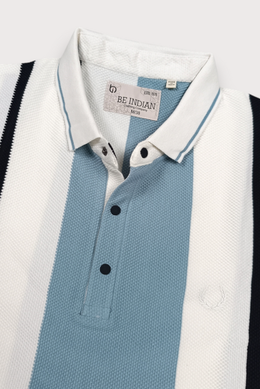Men Blue & Black Striped Snap Button Polo T-Shirt ATL9244
