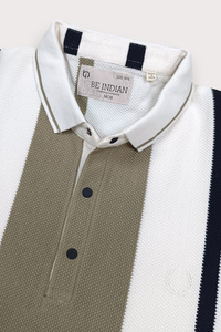 Men Pista & Black Striped Snap Button Polo T-Shirt ATL9244