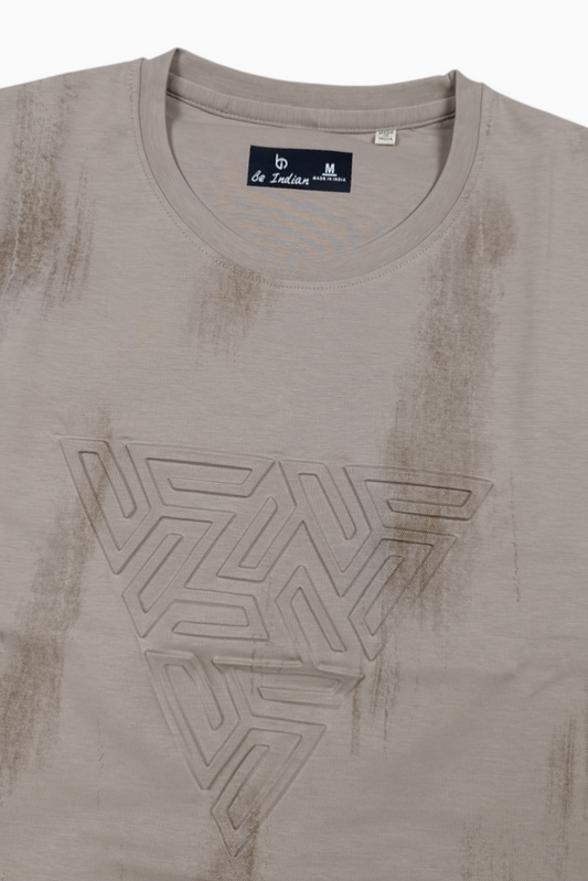 Men Beige Embossed Geometric Printed Round Neck T-Shirt ATL80207