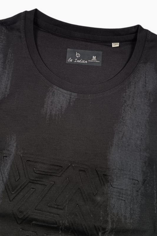 Men Black Embossed Geometric Printed Round Neck T-Shirt ATL80207