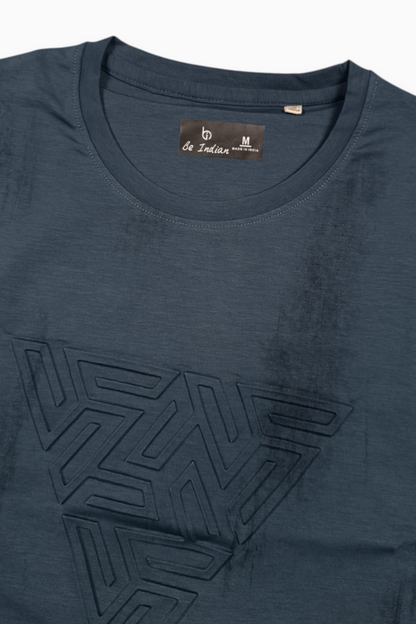 Men Blue Embossed Geometric Printed Round Neck T-Shirt ATL80207