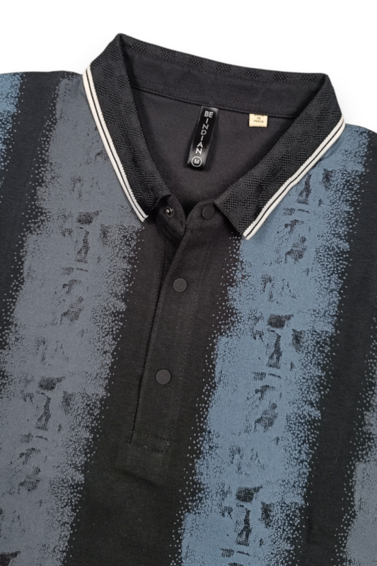 Men Black & Blue Printed Tipped Collar Polo T-Shirt With Snap Buttons ATL86624