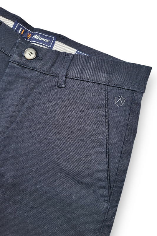 Men Navy Blue Satin-Finish Structure - Slim Fit Cotton Trousers