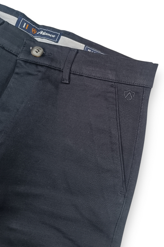 Men Navy Blue Micro-Textured Cotton Chinos | Stylish Narrow Fit Pants