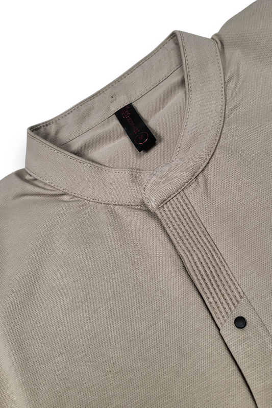 Men Solid Beige Mandarin Collar Polo T-Shirt - Premium Sinker Slim Fit 13058