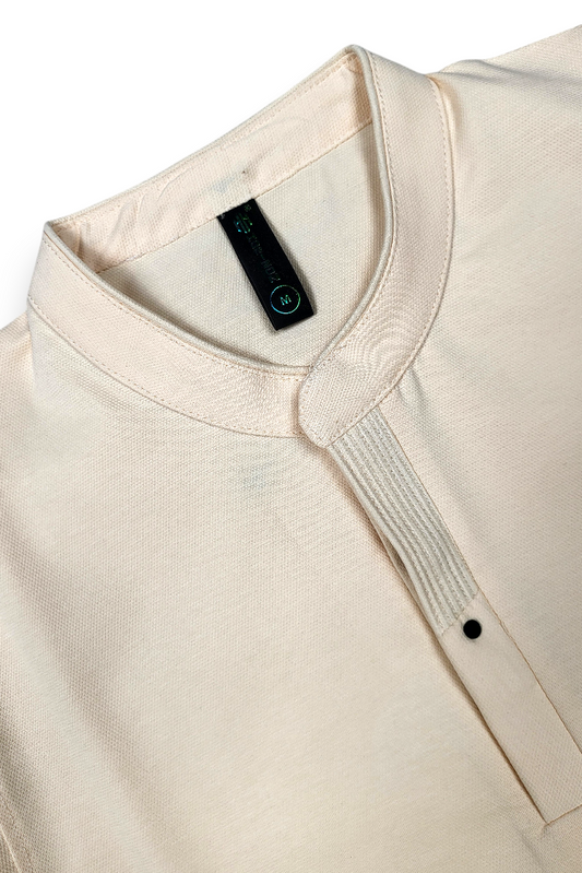 Men Solid Cream Mandarin Collar Polo T-Shirt - Premium Sinker Slim Fit 13058