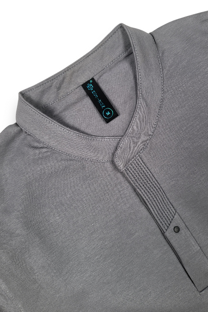 Men Solid Dark Grey Mandarin Collar Polo T-Shirt - Premium Sinker Slim Fit 13058