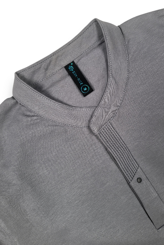 Men Solid Dark Grey Mandarin Collar Polo T-Shirt - Premium Sinker Slim Fit 13058