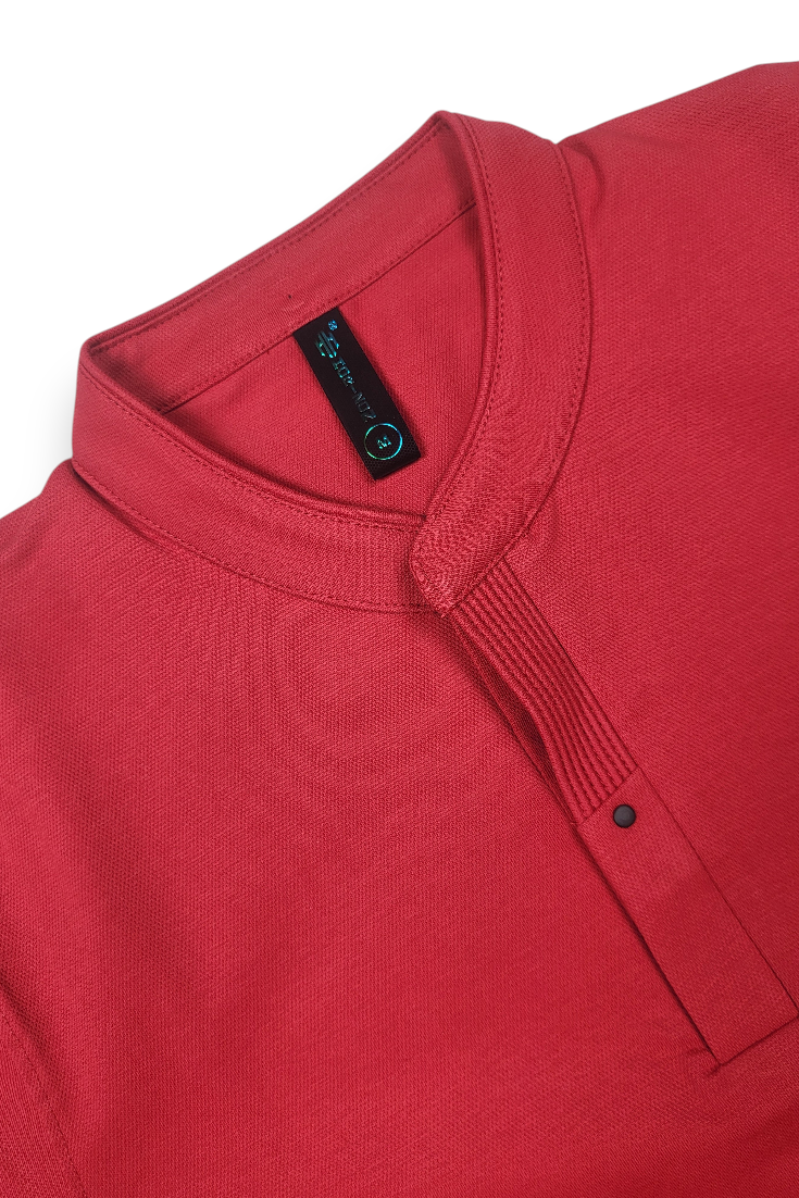 Men Solid Red Mandarin Collar Polo T-Shirt - Premium Sinker Slim Fit 13058