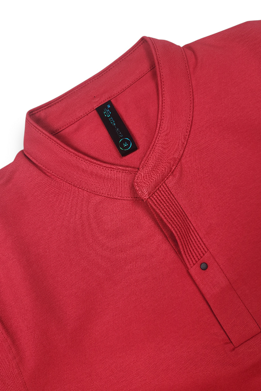 Men Solid Red Mandarin Collar Polo T-Shirt - Premium Sinker Slim Fit 13058