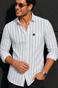 Men White & Blue Vertical Striped Linen Cotton Shirt - Full Sleeve SUGA-525