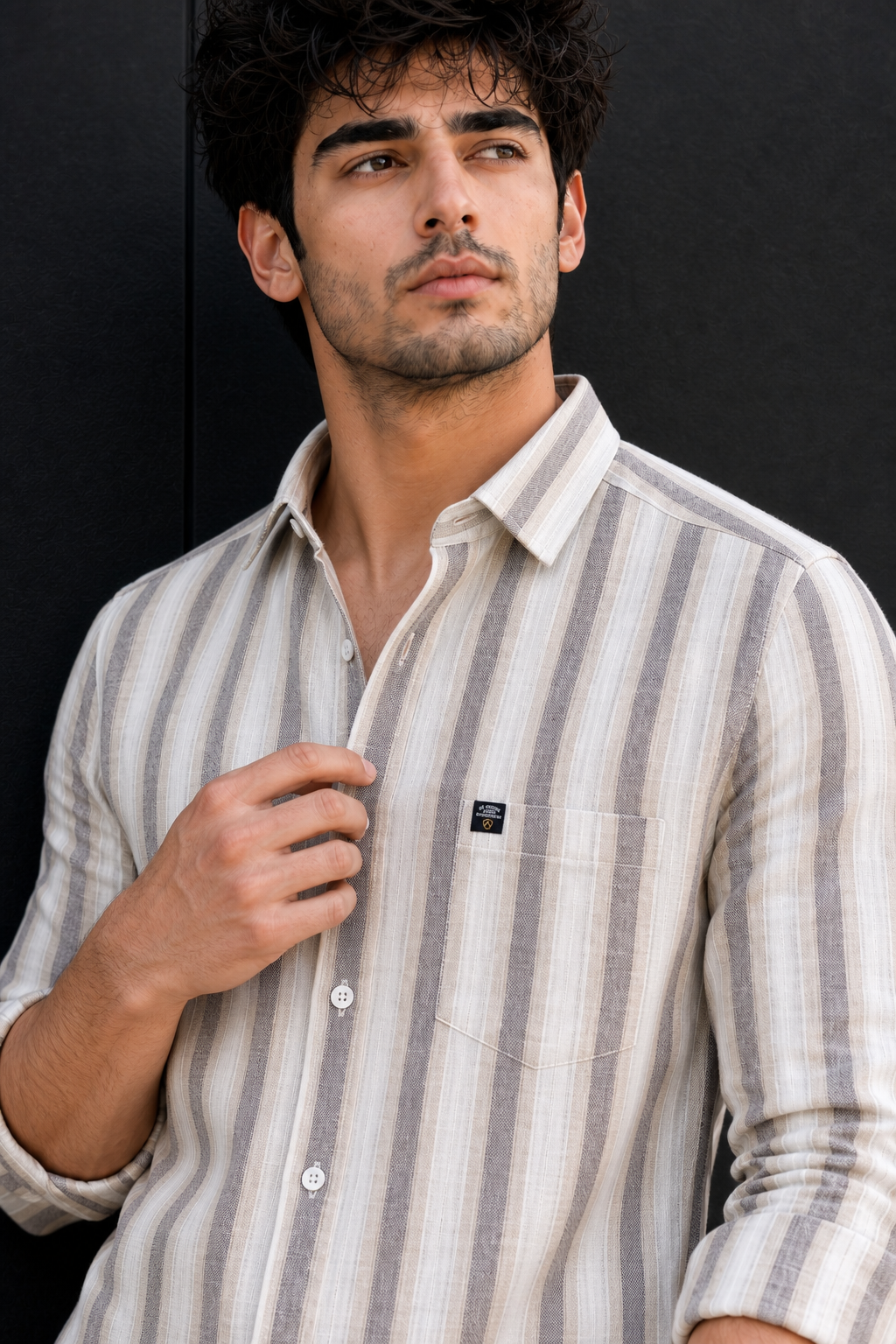 Men Beige & Coffee White Bold Striped Linen Cotton Shirt Long Sleeve Office & Casual Wear SUGA-525
