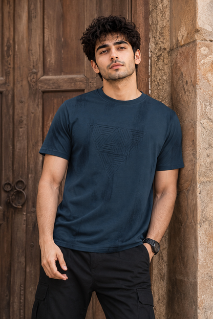 Men Blue Embossed Geometric Printed Round Neck T-Shirt ATL80207
