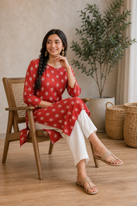 Women Rust Cotton Kurti - Front View