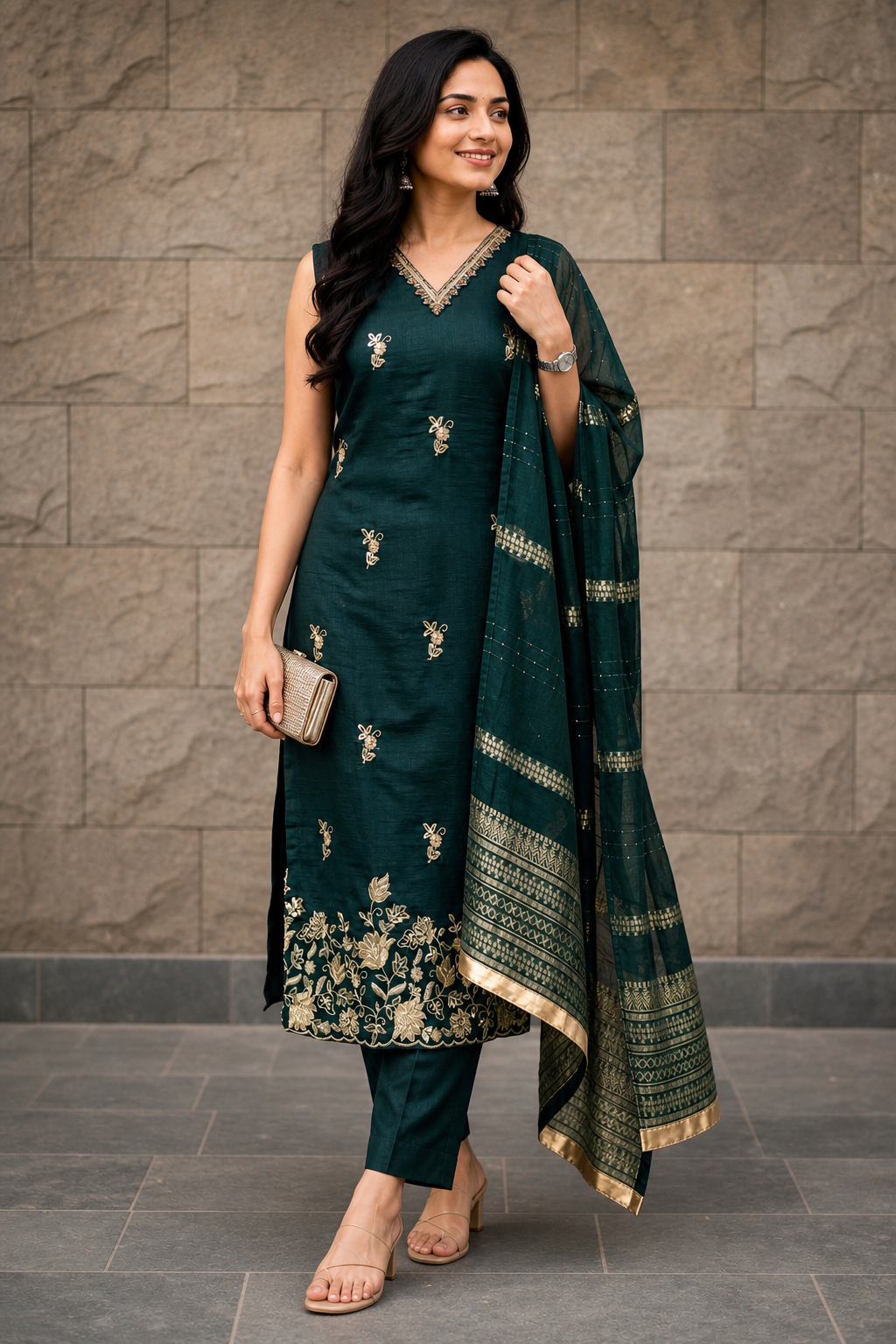Women Olive Embroidered V-Neck Kurti & Pant Dupatta Set 151-314