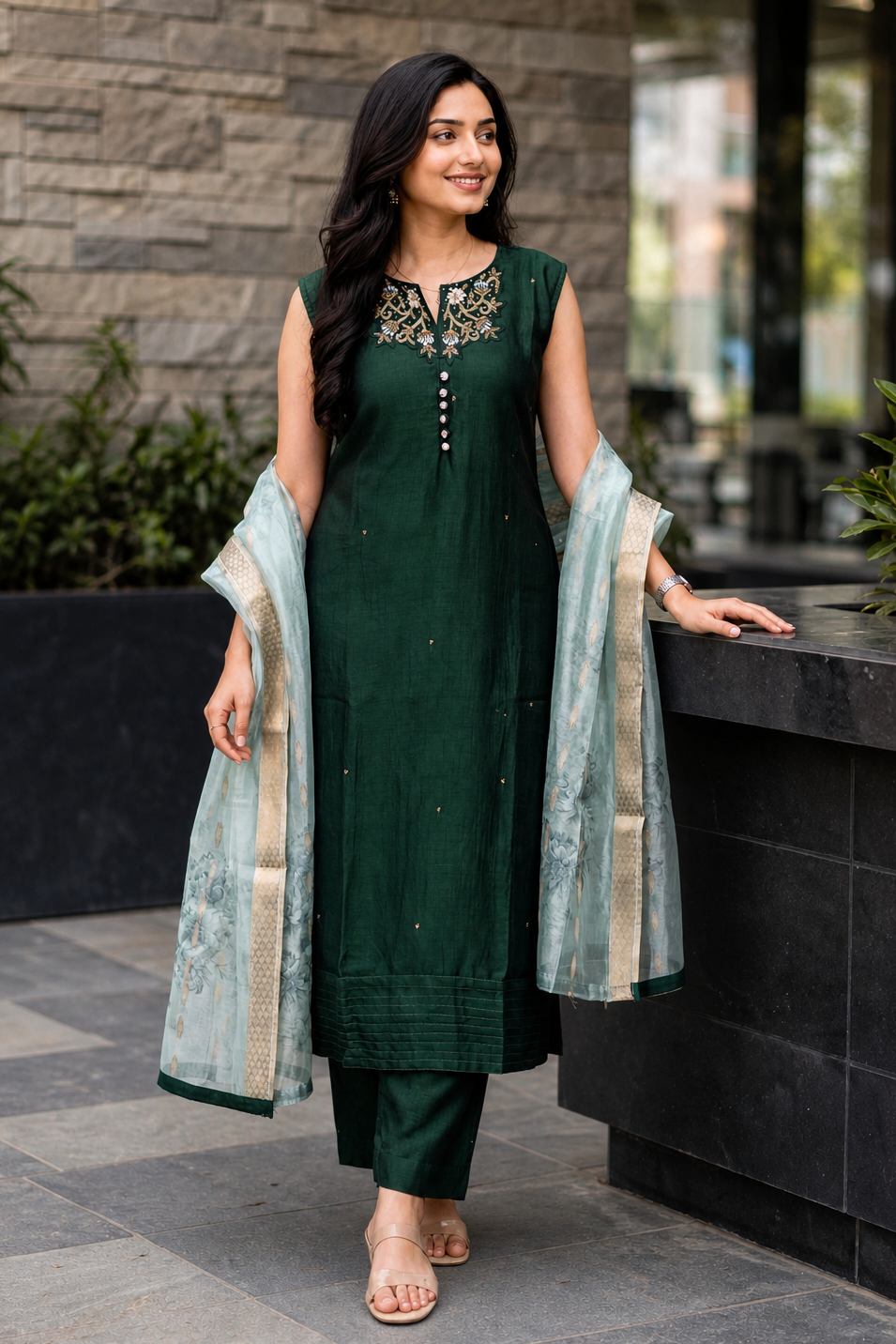 Women Bottle Green Zari Embroidered Kurti Pant Set with Dupatta 151-314