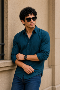Men Teal Blue Plain Full Sleeve Casual Shirt ZDOBBY