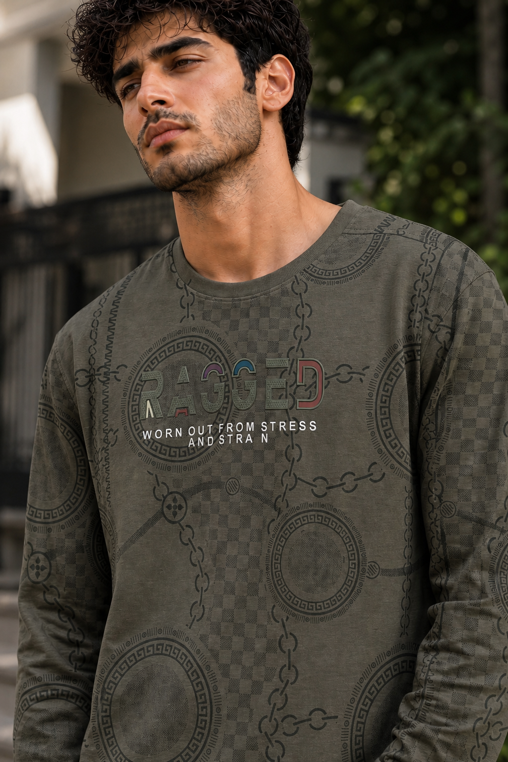 Men Olive Chain Print Full Sleeve SweatShirt | RAGGED Graphic ATL3035
