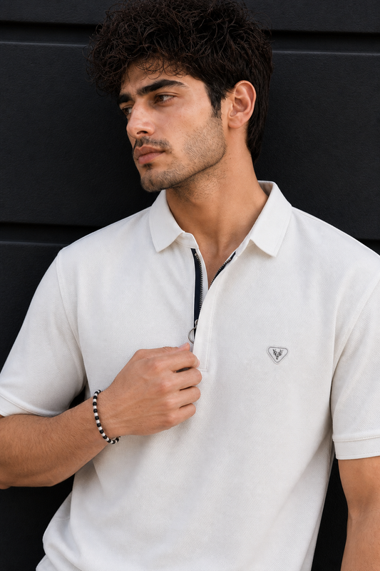 Men White Korean Style Zipper Neck Polo T-Shirt ATL5771