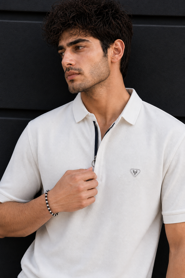 Men White Korean Style Zipper Neck Polo T-Shirt ATL5771