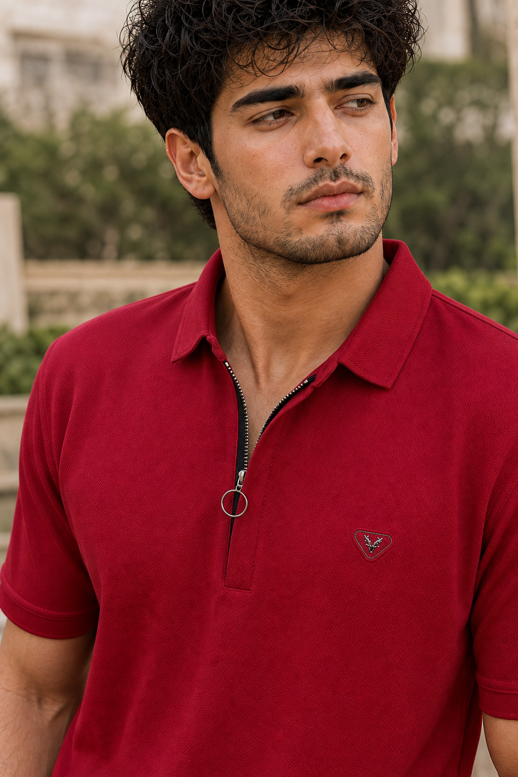 Men Maroon Korean Style Zipper Neck Polo T-Shirt ATL5771