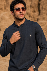 Men Black Textured Ribbed Henley T-Shirt | Long Sleeve Mandarin Collar ATL6503